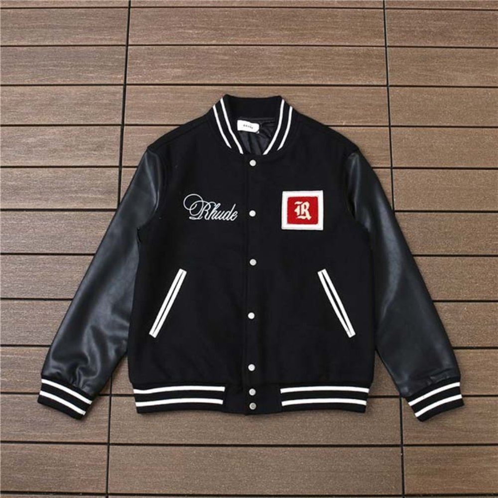 Rhude Black Leather Embroidered Stylish Logo Jackets